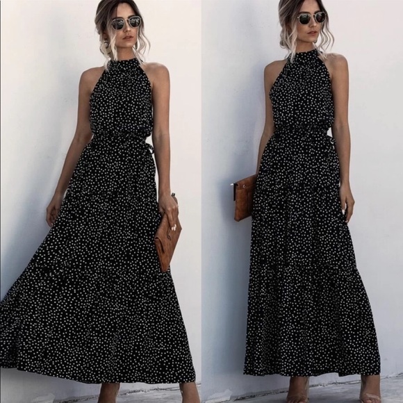Boho Gypsy Dot Halter Maxi Dress New BLACK - Picture 3 of 4
